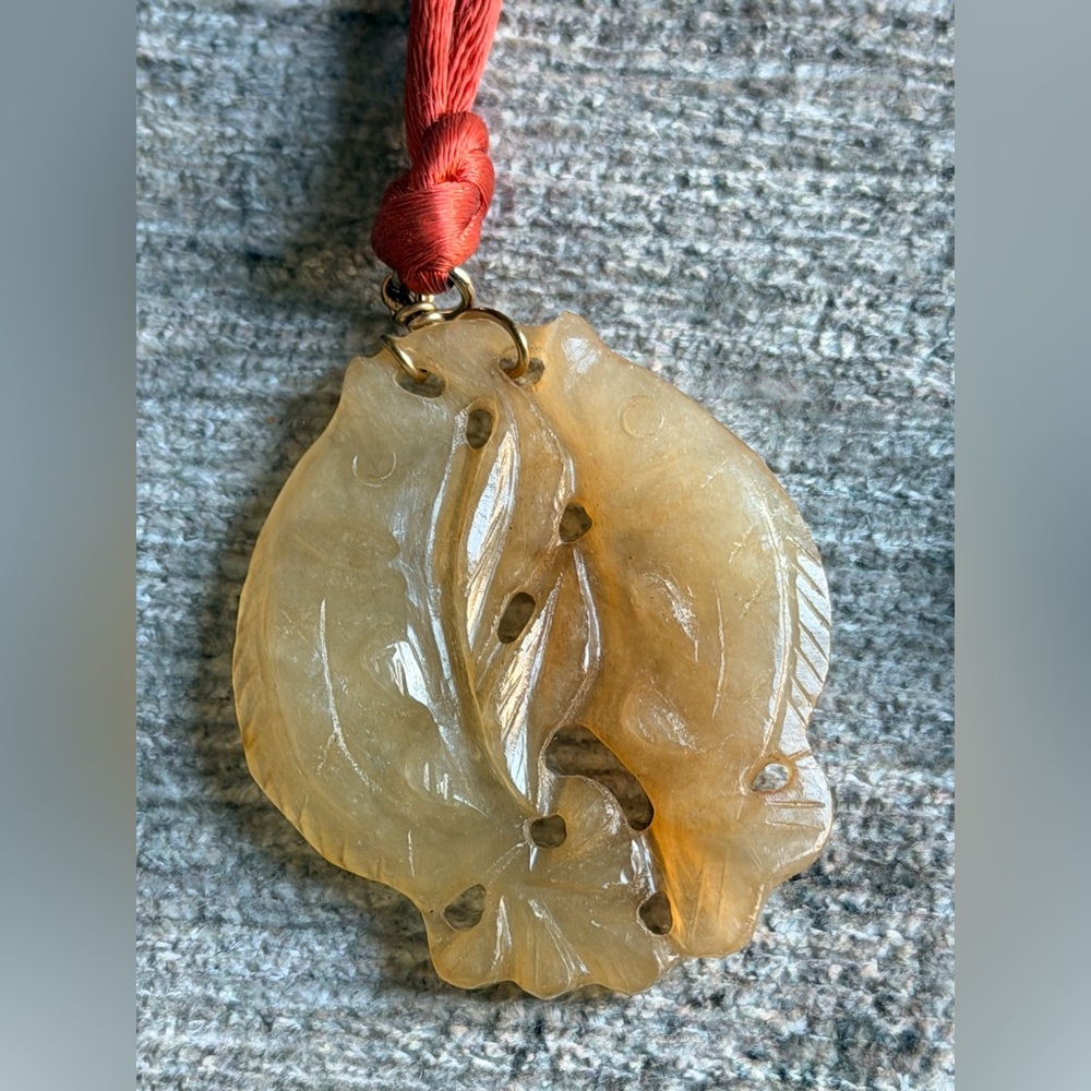 Vintage golden yellow Jade Gold double Koi Fish Pendant Necklace silk thread
